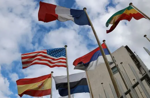 Flags flying in front of the UNESCO headquarters in Paris, France, on October 12, 2017. 